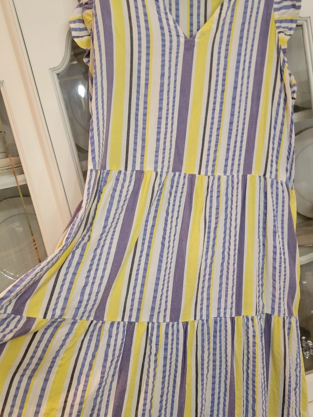 LOFT Striped V-Neck Tiered Dress in Yellow, Blue & White
